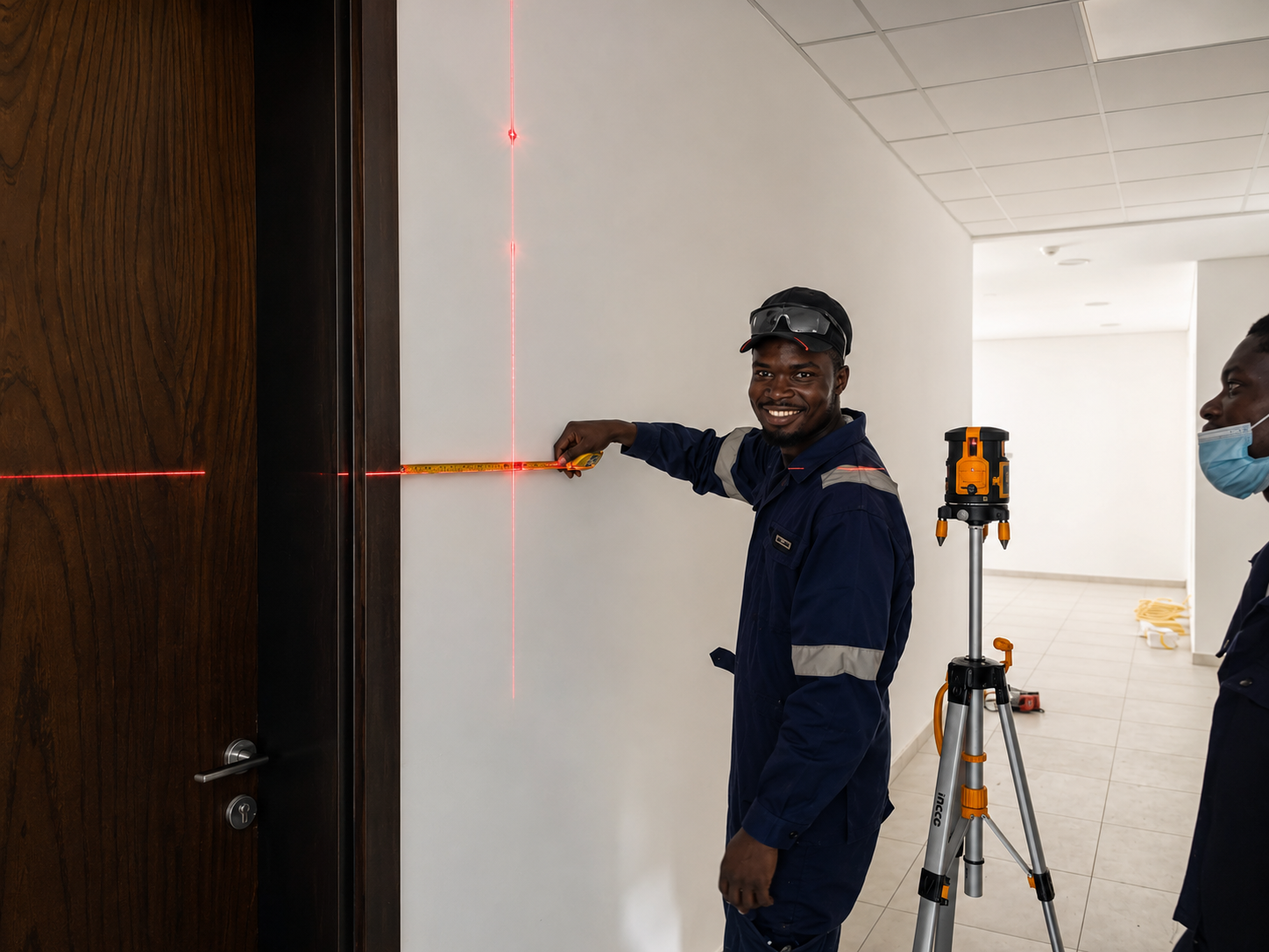 Laser level and tape measure used for precise wall alignment