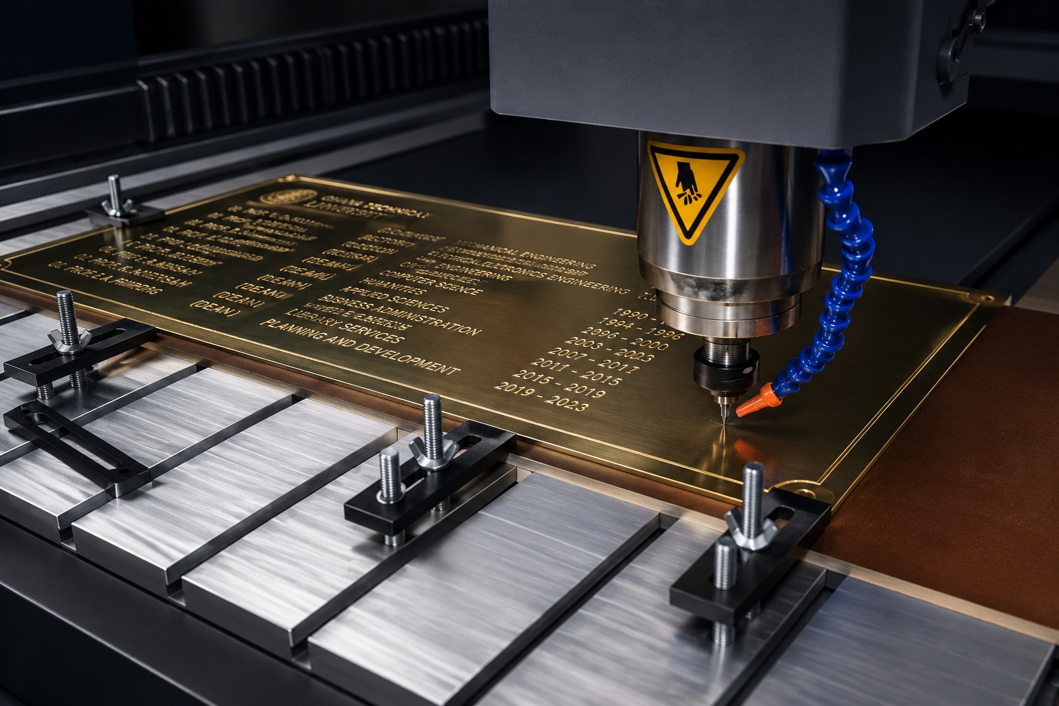 Precision CNC engraving on brass signage at our Tema workshop